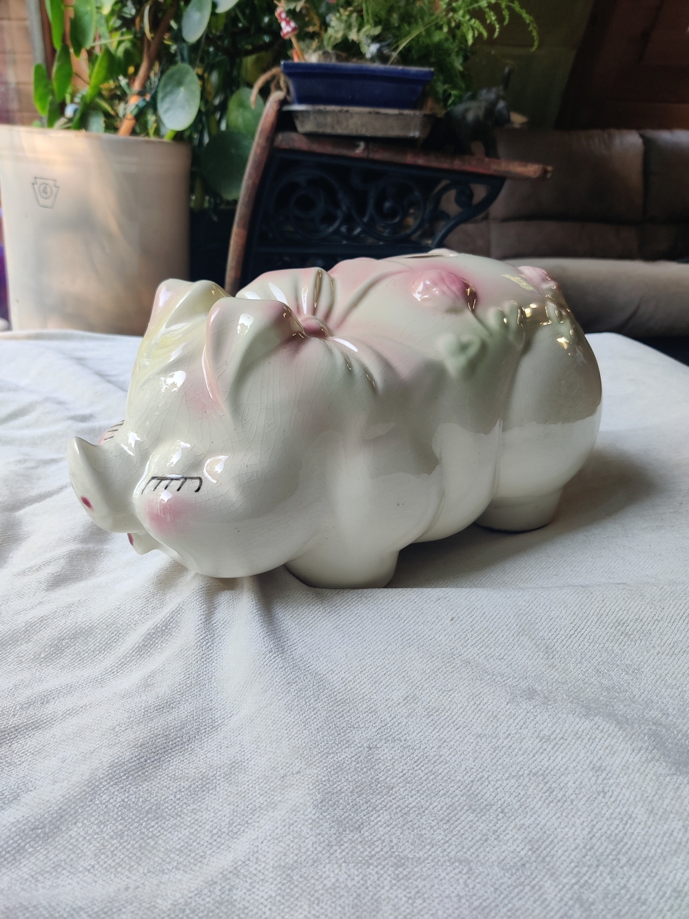 50s Large Piggy Bank Smiley Eyelashes Ribbon Lucky Shamrocks Clover Kitsch 7x13"